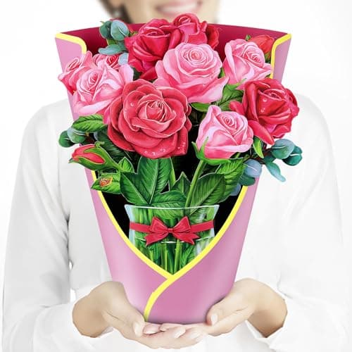 Airpark Pop Up Flower Card, 3D Paper Flowers Bouquet, Mother's Day, Birthday, Anniversary, Wedding, Thank You Greeting Cards with Note Card & Envelope, Red and Pink Roses