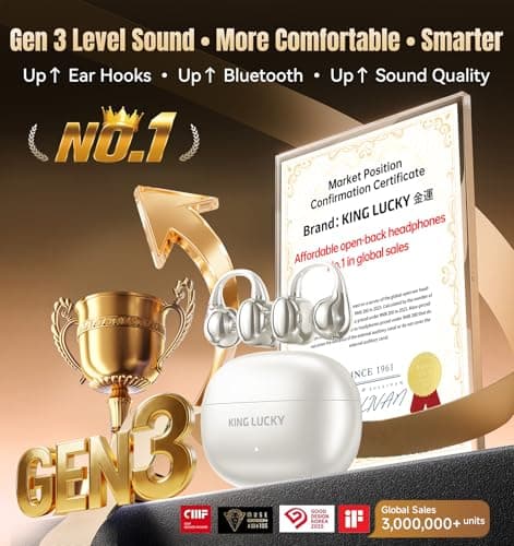 King Lucky Clip-On Earbuds Gen 3, Open-Ear Wireless Bluetooth 6.0 Headphones with Mic, Secure Fit for Small Ears & Glasses Wearers, 50H Playtime, ENC, IPX5 Waterproof Sport Ear Buds (Light White) - Thumbnail 2