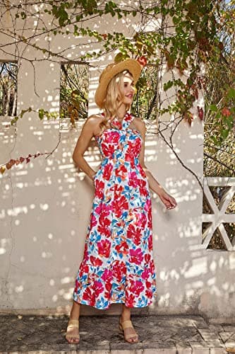 2024 Summer Women's Criss Cross Halterneck Flowy Boho Maxi Beach Dress Multicolor XL - Thumbnail 5