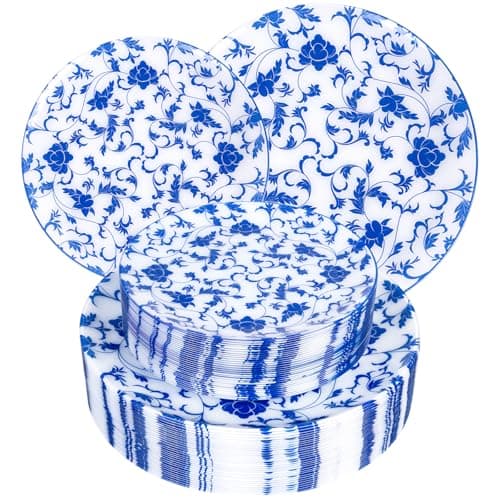 Joyido 60 PCS Blue Plastic Plates - Blue Floral Plates - Disposable Decorative Plate Sets Include 30 Dinner & 30 Dessert Plate for Wedding Birthday Party Spring Supplies