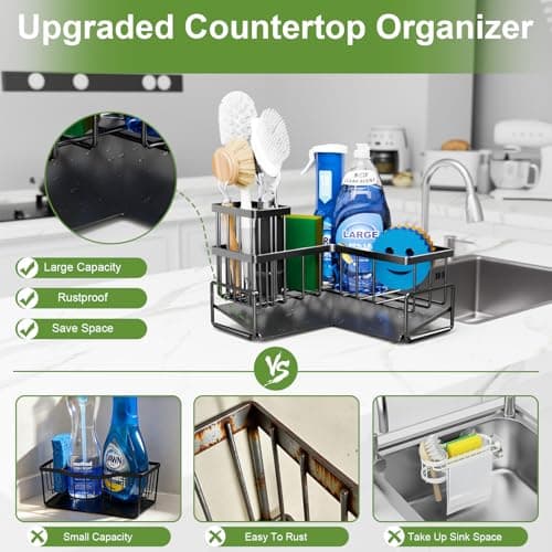 Fikoksol Large Sponge Holder for Kitchen Sink, 90-Degree Sink Caddy Organizer with Dish Brush Holder for Countertop Corner Storage Rack, Metal L-Shaped Kitchen Sink Sponge Soap Organizer Storage Ideas - Thumbnail 5