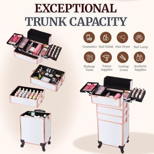 TOPACK Professional 4-In-1 Rolling Makeup Train Case, Large Makeup Travel Case with Key Shoulder Strap/Handle Cushion I Makeup Train Case Organizer I Cosmetology Case on Wheels（White Glod） - Thumbnail 3