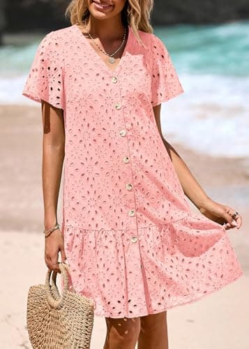 KIRUNDO Eyelet Dresses for Women 2026 Spring Summer Short Sleeve Button Down Loose Mini Babydoll Dress Beach Vacation Clothes(Pink, Medium) - Thumbnail 6