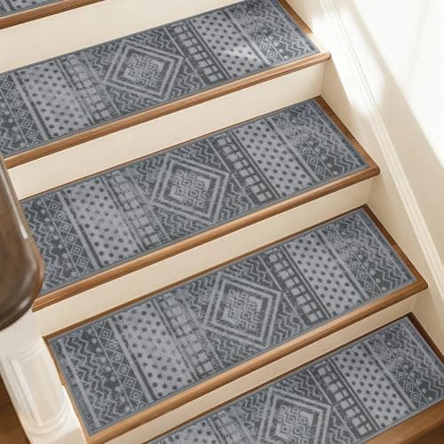 JSEI Stair Treads for Wooden Steps, 15 Pack 8" X 30" Non-Slip Machine Washable Carpet Stair Treads with TPE Backing, Soft Indoor Stair Rug Runner for Kids Elders & Pets, Polyester, Grey/White - Image 1