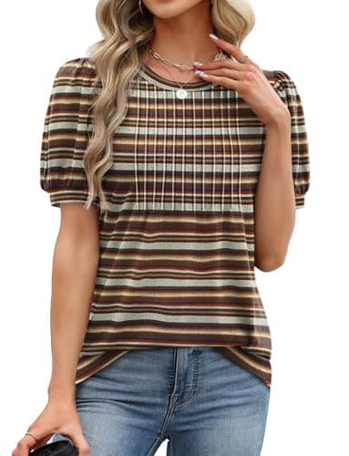 XIEERDUO Short Sleeve Blouses for Women Spring Tunic Tops Fashion Clothing Round Neck Pleated Basic T Shirts Blouses Dressy Casual Beach Vacation 2026 M - Thumbnail 4