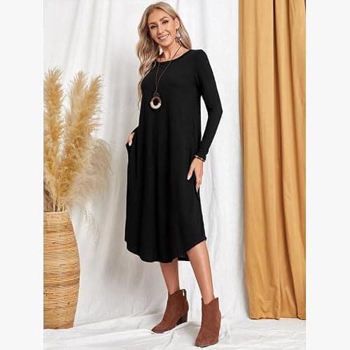 Lounge Dress for Women Long Sleeve Nightgown Midi Long Dress Loose Casual Side Slit Dresses Pocket L Black - Thumbnail 3