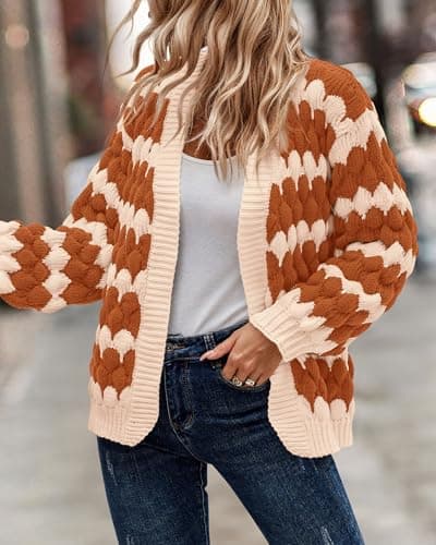 KIRUNDO Womens Sweaters Cardigan Lantern Sleeve Open Front Chunky Cardigan Loose Fashion Color Block Striped Sweater Plus Size Knitwear Halloween Cardigan(Orange, Medium) - Thumbnail 4