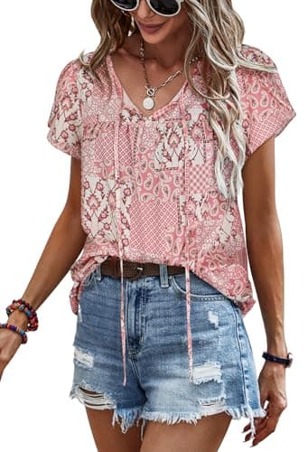 Women's Summer Tops Casual Floral Print V Neck Ruffle Short Sleeve Loose Tunic T Shirt Blouse PF M