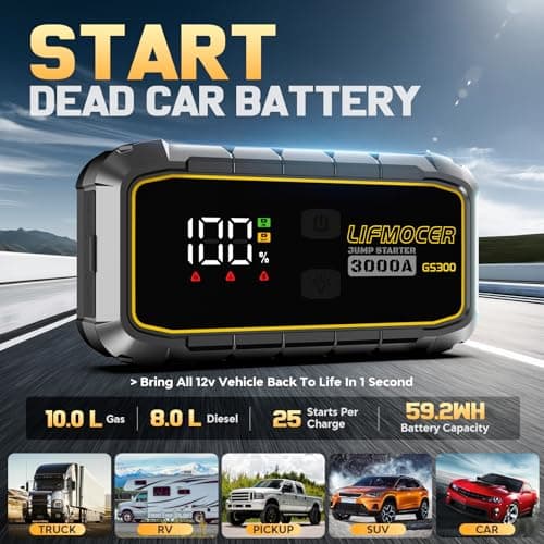 GS300 Car Jump Starter,3000A Portable Battery Jumper Starter for Up to 10.0L Gas & 8.0L Diesel Engines,59.2WH 12V Jump Box with Storage Case,USB Quick Charge,LCD Display,for Cars,Motorcycles,Trucks - Thumbnail 3
