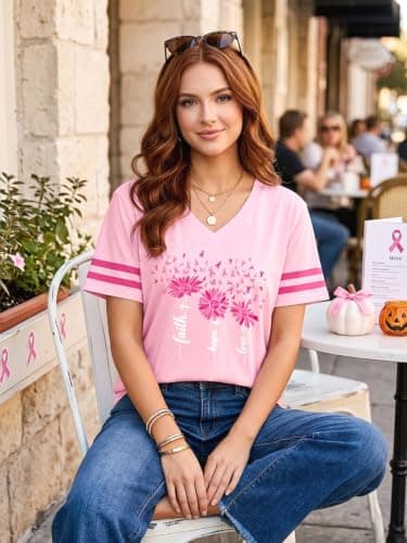 QIXYN Breast Cancer Shirts for Women Pink Ribbon Cancer Survivor Shirt - Thumbnail 2
