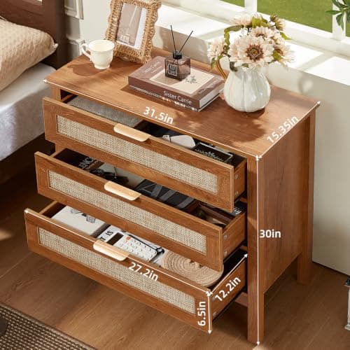 LEYAOYAO 31.5" Wide Rattan Nightstand, Large Boho 3 Drawer Night Stand, Tea Brown Bedside Table with Storage, Tall Bed Side End Tables, Chest of Drawers Dressers for Bedroom, Living Room, Hallway - Thumbnail 2