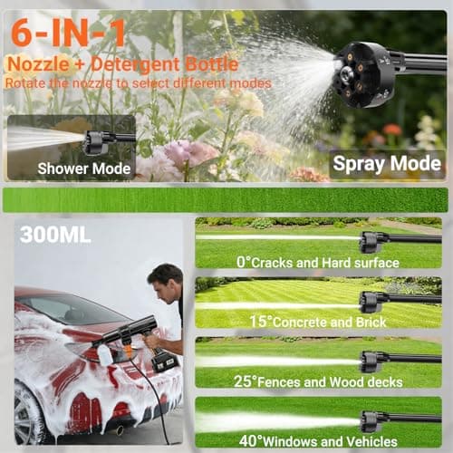 Cordless Pressure Washer, 300PSI Portable Power Washer with 6-in-1 Nozzle & Foam Cannon, 21V Hand Held Pressure Washer with 2 Batteries & 32 FT Hose, 3.2 LBS Brushless Motor for Car, Garden, Fence - Thumbnail 3