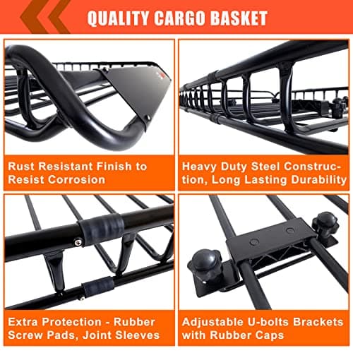 Roof Rack Carrier Carrier Basket 51"*36"*5"+Waterproof Bag 15 Cubic Feet(44"*34"*17"),and Cargo Net with Attachment Hooks,Ratchet Straps.200 Lbs Capacity,Universal Rooftop Large Size Roof Rack - Thumbnail 5
