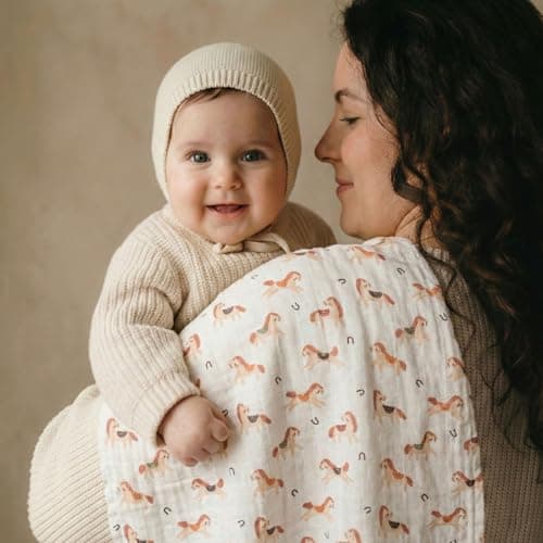 CIVARUA KIDS Muslin Swaddle Blankets for Newborn, 4 Pack Cotton Baby Blankets, Large 31.5 x 43.3 inch Breathable Soft Receiving Blanket, Essentials Swaddle Wrap Burping Clothes, Orange Rainbow Horse - Thumbnail 2