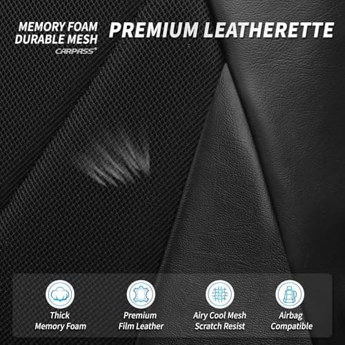 CAR PASS Memory Foam seat Covers Leather, Air Cool Mesh car seat Covers Front Seats 2, Universal FIT for Cars,SUV,Trucks, Comfortable-Durable-Breathable Airbag Compatible, All Black - Thumbnail 3