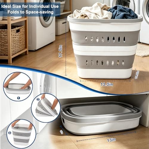 46L/12 Gal Collapsible Laundry Baskets, Foldable Hamper with Handles, Plastic Pop Up Storage Container for Laundry, Home, Dorm, Travel - Gray/White, Set of 2 - Thumbnail 3