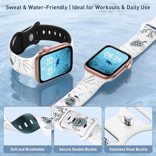 HMFCBFSS Engraved Cute Sea Turtle Band Compatible with Apple Watch Bands for Women Men 38mm 40mm 41mm 42mm, Stylish Two-Tone Floral Soft Silicone Sport Strap Fit iWatch Series 11 10 Se 9 8 7 6 5 4 3 2 1 (White/Green, 38mm/40mm/41mm/(42mm-Series 11 10) - Thumbnail 2