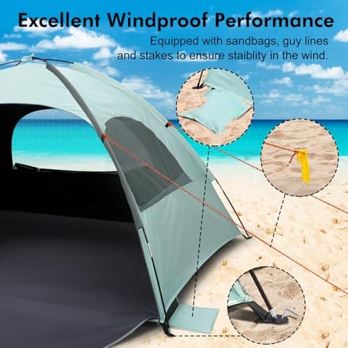 WhiteFang Beach Tent Anti-UV Portable Sun Shade Shelter for 4 Person with Blackout Shelter, Extendable Floor with 3 Ventilating Mesh Windows Plus Carrying Bag, Stakes and Guy Lines (Mint Green) - Thumbnail 6