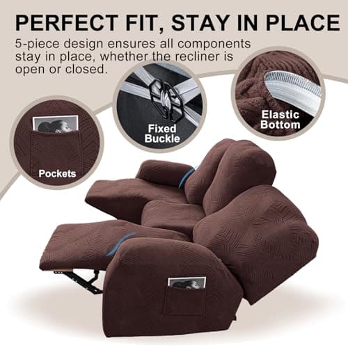 Cushonix 5-Piece Recliner Sofa Covers,Stretch Geometric Strokes Jacquard Recliner Sofa Slipcovers,Seamless Furniture Protector with Pocket,Soft Breathable Couch Cover,3 Seater Chocolate - Thumbnail 4