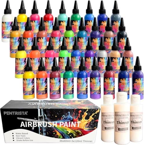 PENTRISTA 60ml Airbrush Paint – 36 Colors (2.03oz Each) + 3pcs Thinner 120ml, Air brush Paint set with Flash Neon & Metallic Colors，Acrylic Airbrush Paint for Nail Art, Model Car, Wood, Canvas,T-Shirt - Image 1