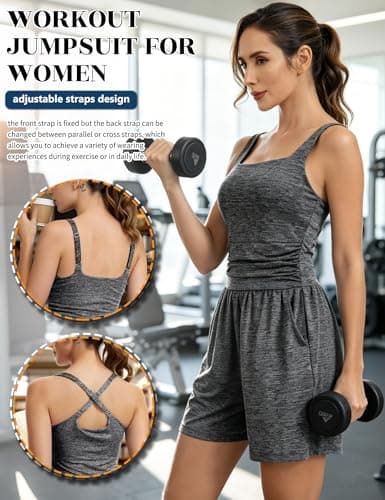 SLIMBELLE Built In Bra Athletic Rompers For Women Summer Square Neck Adjustable Strap Pleated Waist Pockets Short Jumpsuit One Piece Outfits BLACK-WHITE M - Thumbnail 5