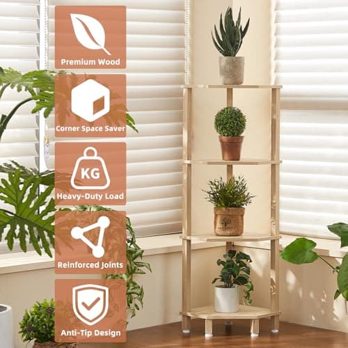 YUFAM 4-Tier Corner Shelf with Sturdy 5-Leg Base, 41in Tall Narrow Bookcase for Small Spaces, Wooden Plant Display Shelf, Thin Bookshelf for Living Room, Bedroom, Office, Natural - Thumbnail 6