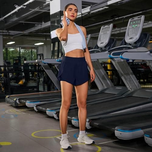 Ksmien Womens 3" Athletic Running Shorts - 2 in 1 Quick Dry Split Workout Gym Shorts with Liner Phone Pockets Navy Blue - Thumbnail 3