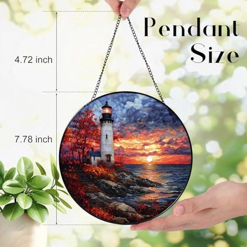 Zizzie Stained Glass Lighthouse Suncatcher, Twilight Ocean Sunset - Thumbnail 3