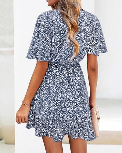 KIRUNDO Womens Summer Dresses 2026 Casual Spring Short Sleeve V Neck Ruffle Floral Print High Waist Belted Flowy Mini Dress(X-Large, Dark Blue) - Thumbnail 2