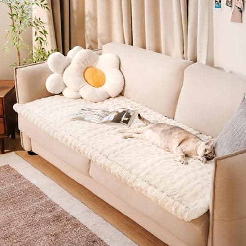 FUNNY FUZZY Pet Couch Cover for Sofa, Waterproof Couch Cover for Dogs Washable, Pet Friendly Fuzzy Sofa Covers Thick Soft Dog Bed Mat Non Slip for Couches and Sofas, Cream White, 27.6"×59.1"