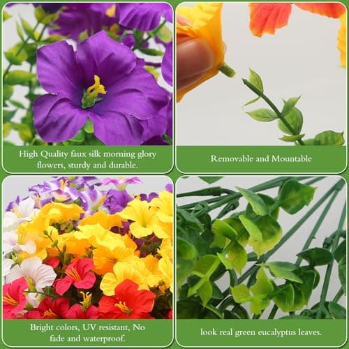UJROQI Artificial Flowers for Outdoors Fake Plants Outside, 16 Bundles Silk Morning Glory with Eucalyptus, UV Resistant Realistic Faux Flowers for Planters Porch Patio Garden Balcony Decor (4 Color) - Thumbnail 4