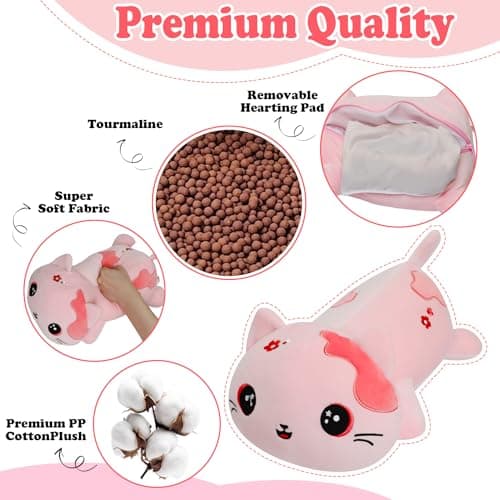 Microwave Weighted Cat Stuffed Animal - 2.2 Pounds Big Pink Cat Plush Machine Washable Unscented Cute Heating Pad Animal Pillow Warm Plushies Toy for Adults Kids Pink Flower Embroidery 15 Inch - Thumbnail 6