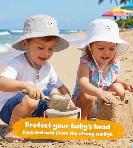 Baby Sun Hat Toddler Bucket Hats UPF 50+ Kids Summer Sun Protection Beach Hat for Boys Girls (US, Age, 0 Months, 6 Months, White and Grey) - Thumbnail 2