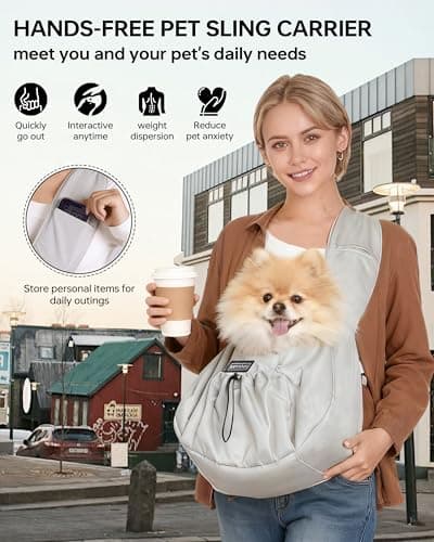 Puppy Sling Carrier for Small Dog-Widened and Thickened Shoulder Strap with Storage Pocket, Adjustable Hands-Free Small Dog Carrier Sling for Outdoor,Cat&Dog Sling Carrier 7-15 lbs.(Light Grey) - Thumbnail 3