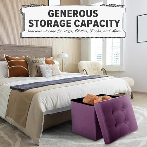 LINMAGCO Storage Ottoman Folding Foot Stool Foot Rest with Side Pocket Modern Ottoman with Storage Short Sofa Stool Linen Cloth 17x13x13(Purple) - Thumbnail 6