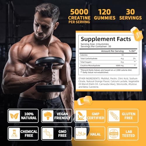 Wellcatcher Creatine Monohydrate Gummies for Men Women: Lab Tested Creatine 5000mg Supplement Sugar Free Chewable for Muscle Growth Recovery Preworkout Energy Orange Flavor 120ct - Thumbnail 4