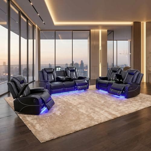 Oversized Modular Sectional Sofa,Leather Sectional Couch with Recliner,Sectional Couches for Living Room, Leather Reclining Sectional with Wireless Charging, LED Lights & Hidden Storage, Black - Image 1