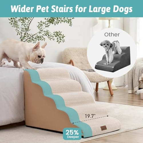 Extra Wide Dog Stairs 19.7" Width, Pet Step for Small Medium/Large Dog, Puppy or Cat, Pet Ramp for High Bed or Car, High Density Foam Ladder, Stable, 5 Step, 19.7x33x22.4 in, Beige - Thumbnail 2