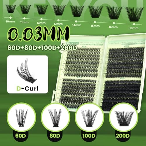 KEYYOU 584 Pcs Lash Clusters Kit 60/80/100/200D MIX 10-18mm D Curl Fluffy Wispy Individual Lashes Thin Band with Bond and Seal, Applicators – Professional Lash Extension Kit - Thumbnail 3