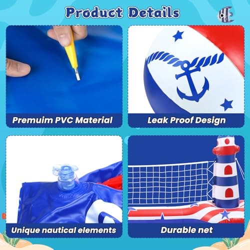EagleStone Inflatable Pool Float Set with Volleyball Net & Basketball Hoop,2-in-1 Floating Water Games for Kids Adults, Backyard Beach Summer Toys, Heavy-Duty PVC Family Pool Party Essentials - Thumbnail 6