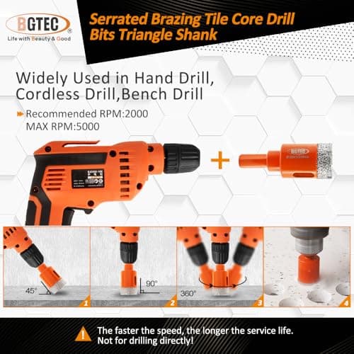 Dry Diamond Core Drill Bit, BGTEC 2Pcs 65mm 2-4/7" Vacuum Brazed Hole Saw with Triangle Shank for Porcelain Tile Ceramic Granite Marble Masonry - Thumbnail 6