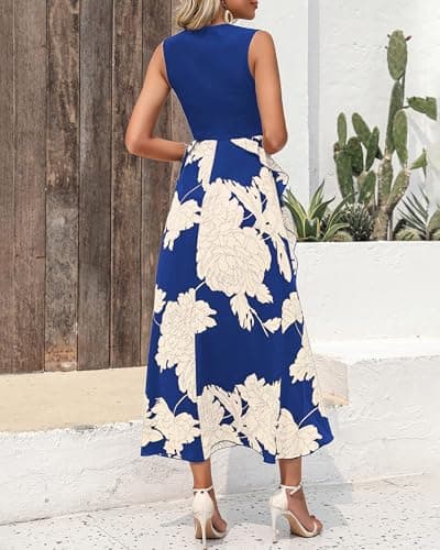 BTFBM Summer Dresses for Women 2026 Casual Spring Floral Sleeveless Ruffle Boho Cocktail Wedding Guest Party Midi Dress(White Floral Bright Blue, Medium) - Thumbnail 5