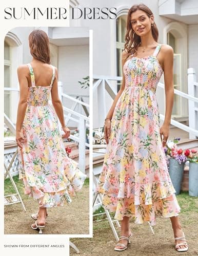GRACE KARIN Women's 2025 Summer Floral Boho Dress Square Neck Strapped Swing A Line Sundress Beach Long Maxi OutfitsBlue Yellow M - Thumbnail 4