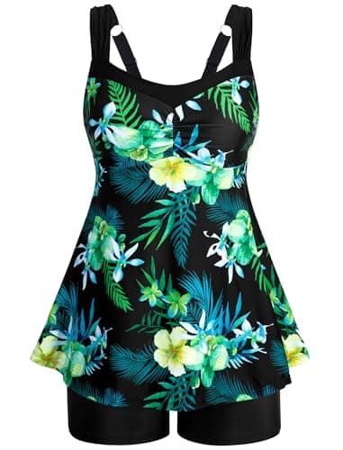 HUAKARY Tankini Swimsuits for Women Two Piece Bathing Suit for Women Tummy Control Flowy Swim Tank Top with Boyshorts Small Black Green Floral - Image 1