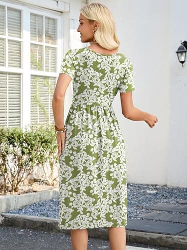 Heymoments Women Dress Green Roses Medium Wedding Guest Crewneck Short Sleeves A line Casual Flowy Swing Cocktail Slimming Birthday Party Summer Travel Long Midi Dresses with Pocket - Thumbnail 4
