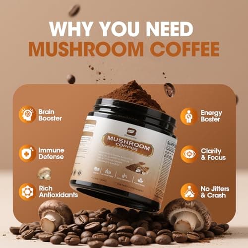 B BEWORTHS 2Pack Mushroom Coffee Powder with MCT Oil - 10 Mushroom Lion's Mane, Turkey Tail, Reishi, Cordyceps & Chaga - Instant Arabica Mushroom Coffee for Focus, Immune, Gut & Brain Health | Keto - Thumbnail 2