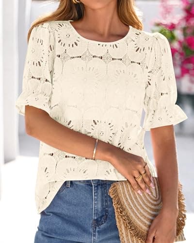 KIRUNDO Lace Tops for Women Blouses Dressy Casual Boho Eyelet Puff Short Sleeve Shirts Spring Summer Clothes Vacation Outfits(Beige, Small) - Thumbnail 5