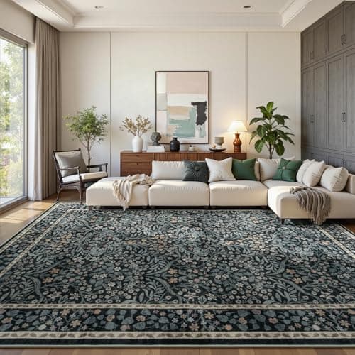 Lofus Black Rug 8x10, Washable Large Living Room Area Rugs Non Slip Low Pile, Boho Floral Carpet for Kitchen Bedroom Dining Room Nursery Home Office, Vintage Farmhouse Forest-Themed Area Rugs - Thumbnail 2