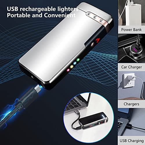 Electric Lighter Rechargeable, RSBYE USB Lighter with LED Battery Indicator Plasma Flame Lighters Windproof Great for Candles, Camping, and Home (Ice Silver) - Thumbnail 4