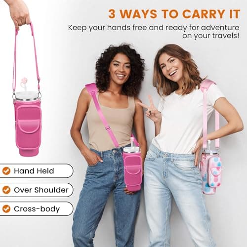 BOCMTR Water Bottle Holder with Strap for Stanley 30/40 oz Tumbler, Fashion Stanley Cup Bag with Big Phone Pocket, Silicone Boot, Straw Cover & Leak Proof Stoppers (Pink) - Thumbnail 2